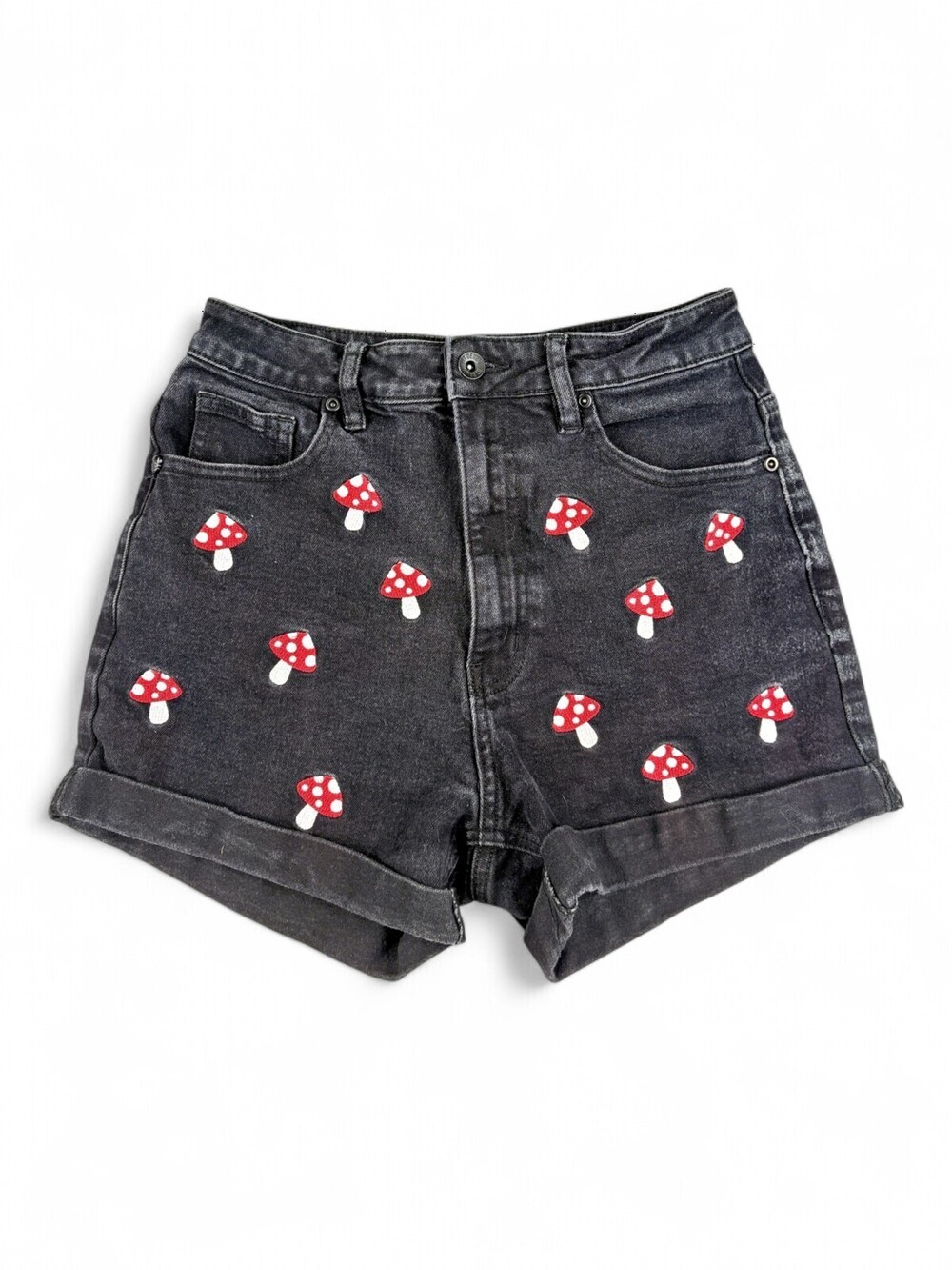 Hot Topic High-Waist Black Mushroom Embroidered Denim Shorts 26